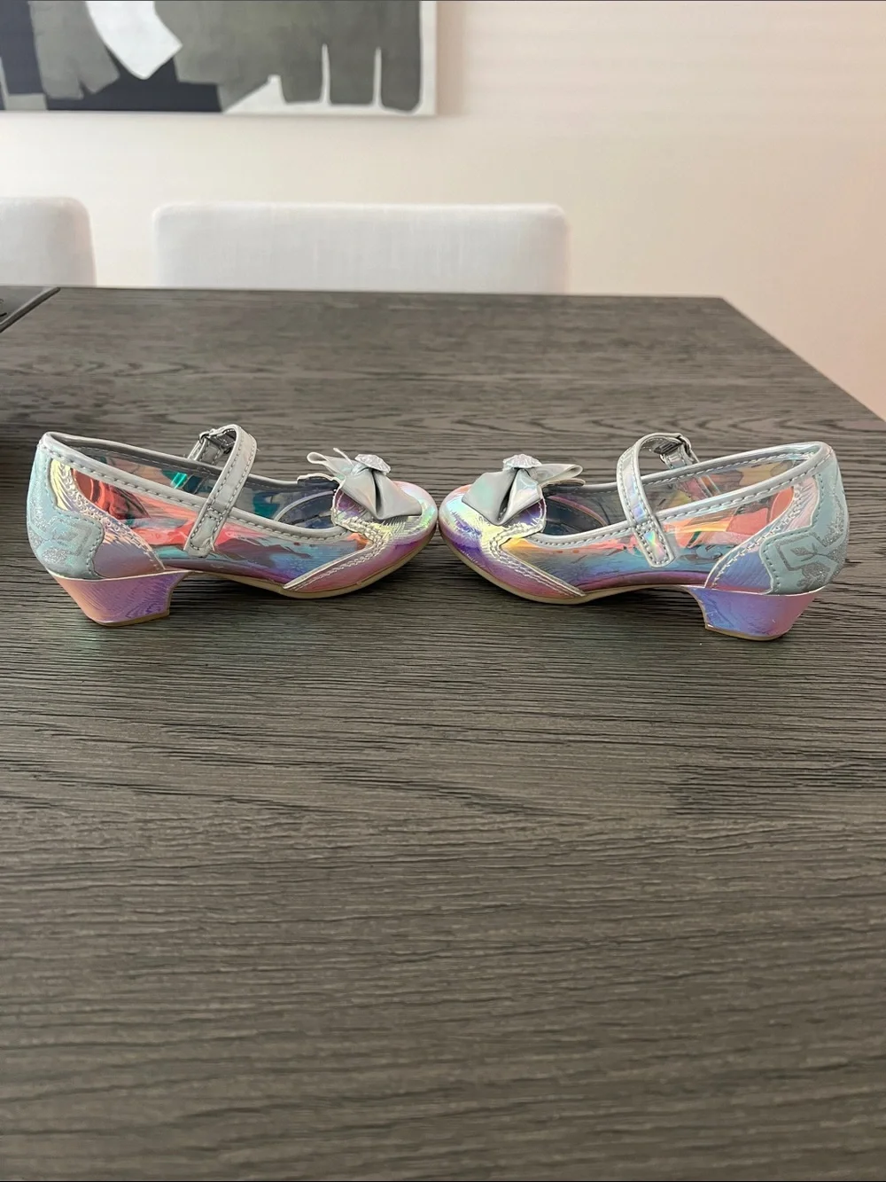 Disney Frozen Iridescent Holographic Mary Jane Shoes with Bow and small heel.